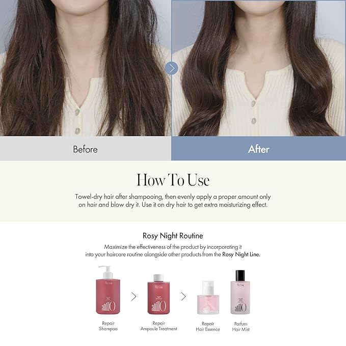 Rosy Night Repair Hair Essence with Damask Rose Extract, Rosehip Oil, Peptide Complex for Dry, Damaged, Frizzy Hair - Musky Floral Scent, Vegan, Paraben-Free 50ml / 1.69 fl. Oz