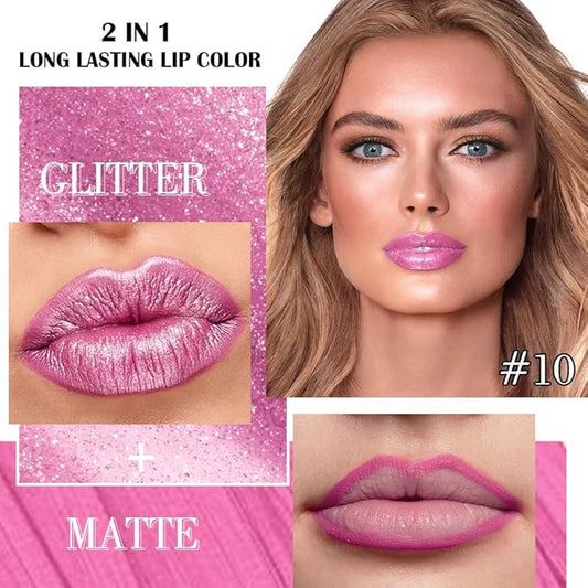 Kaely 2-in-1 Light Rose Pink Metallic Lipstick and Lip Liner, Shimmer Liquid Metallic Lipsticks for Women, Glitter Lip Gloss Stain Long Lasting Waterproof Smudge Proof 24 Hour, Vegan Makeup, 10