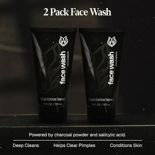 Black Wolf Men’s Charcoal Powder Face Wash - 5 Fl Oz, 2 Pack - Facial Cleanser Removes Unwanted Impurities from Your Skin & Soothes Irritation