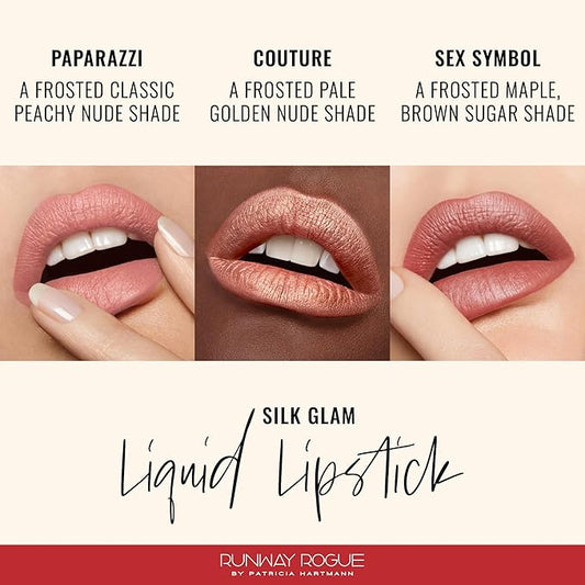 Runway Rogue Silk Glam Liquid Lipstick Lip Trio, Long Wear Frosted Liquid Lipstick Pack, (‘Paparazzi’, ‘Couture’, ‘Sex Symbol’)