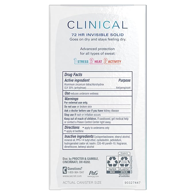 Secret Clinical Strength Antiperspirant Deodorant for Women, 3X Stress Protection, 72hr Sweat & Odor Protection, PH Balancing Minerals, Invisible Solid, Completely Clean Scent, 1.6 oz