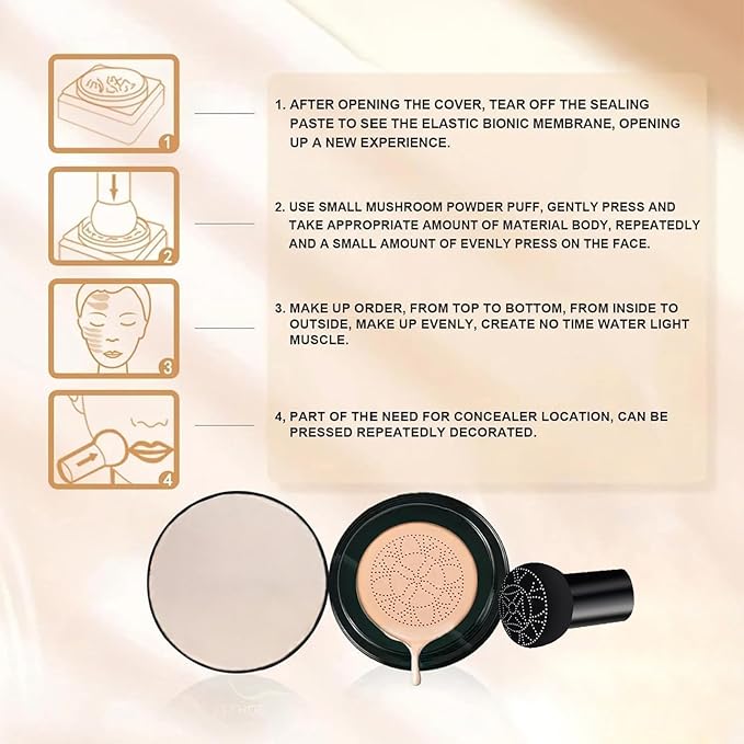 VerveFields,Foundation Cushion Concealer,Mushroom Head Air Cushion Cream, BB Cream Face Makeup Foundation,Moisturizing Long-Lasting, Even Skin Tone for All Skin Types (Warm Tone)