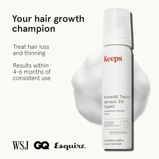 Keeps Extra Strength Minoxidil for Men - 5% Minoxidil Foam Hair Loss & Regrowth Treatment for Thinning & Bald Spots - Clinically Proven Hair Growth Products - Unscented Topical Aerosol Foam