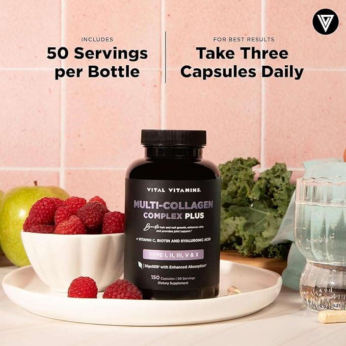 Vital Vitamins Multi Collagen Plus (2-Pack) - with Biotin, Hyaluronic Acid, Vitamin C - Type I, II, III, V, X - for Women & Men - Hair, Skin, Nails Beauty Complex - 300 Capsules