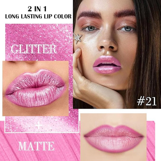 Kaely 2-in-1 Pink Metallic Lipstick and Lip Liner, Shimmer Liquid Metallic Lipsticks for Women, Glitter Lip Gloss Stain Long Lasting Waterproof Smudge Proof 24 Hour, Vegan Makeup, 21