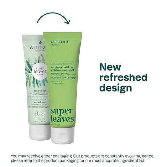 ATTITUDE Nourishing Hair Conditioner, For Dry and Damaged Hair, Naturally Derived Ingredients, Vegan Detangler, Dermatologically Tested, Grapeseed Oil and Olive Leaves, 8 Fl Oz