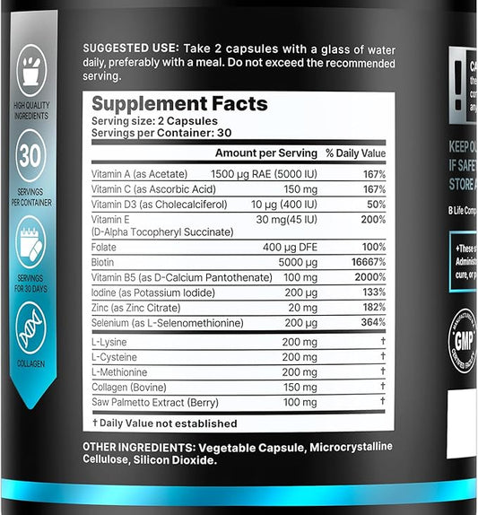 Men’s Hair Growth Supplement – Biotin & Collagen Hair Vitamins for Men – Thicker, Fuller Hair, Nail & Scalp Support – Hair Loss Supplement with Zinc, Selenium & Vitamins A C D E – 60 Capsules