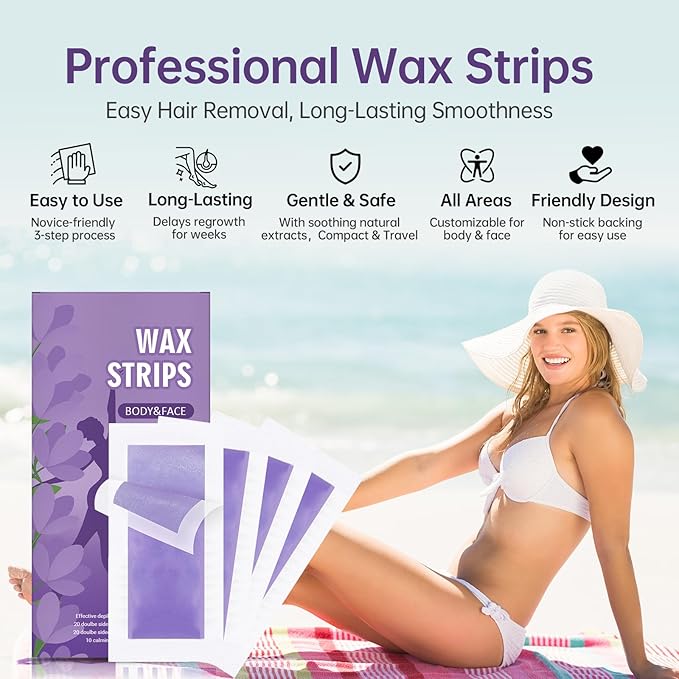 Wax Strips for Hair Removal – 50Count with Soothing Wipes – No Heat Waxing Kit for Women & Men, Face & Body, Bikini, Legs, Underarms – Travel-Friendly & Gentle on Skin
