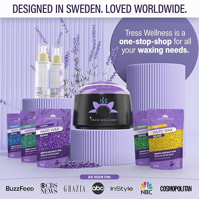 Tress Wellness Waxing Kit for Sensitive Skin, Safe for Face & Skin, Prep & Aftercare Spray, Easy to Use, At-Home Kit for Face, Bikini, Brazilian & Full Body - Digital Display, Black Purple Flower