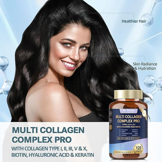 18-in-1 Collagen Pro with Hyaluronic Aicd, Keratin, Biotin, VIT A C & E for Skin, Hair, Nails, Joint & Beauty - Multi Collagen Peptides Capsules with Type I II III V & X for Women & Men - 120 Caps
