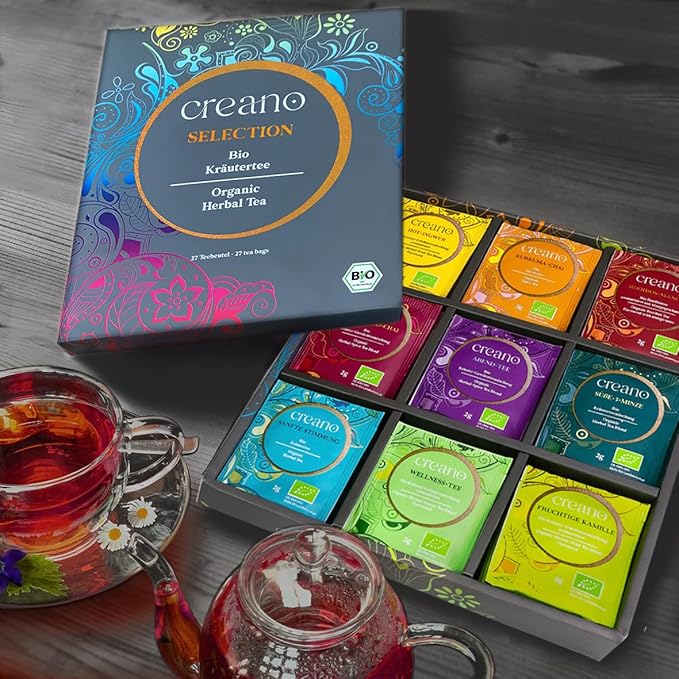 Creano Organic Herbal Tea Gift Set Grey - 45 Organic Tea Bags in 9 Different Varieties - 90 g
