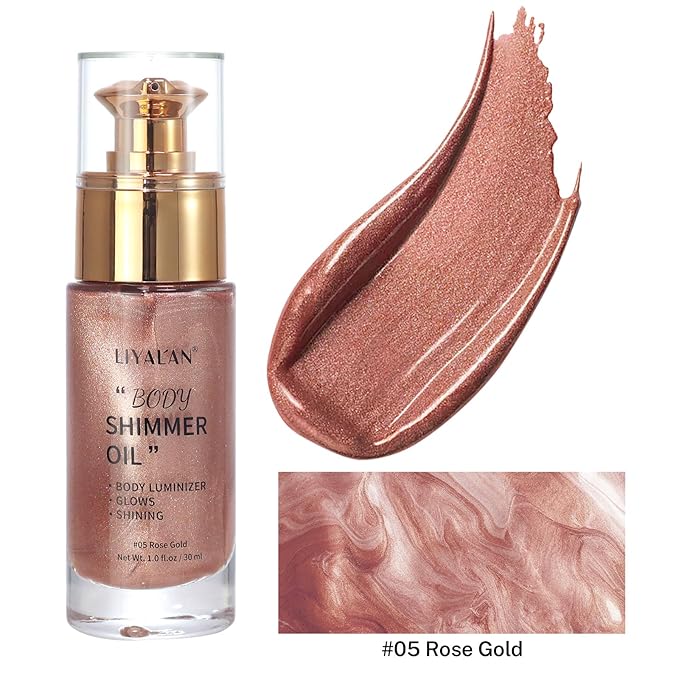 Liyalan Shimmer Body Oil Rose Gold Color 1.0 fl.oz Face Glow Pearl Highlighter Illuminator Long-Lasting Shine Glitter Liquid Tanning with Makeup Brush