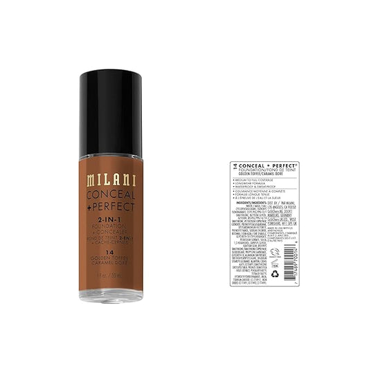 Milani Conceal + Perfect 2-in-1 Foundation + Concealer for a Flawless Complexion, Under Eye Corrector, Cover Redness and Imperfections, Waterproof and Sweatproof - Golden Toffee
