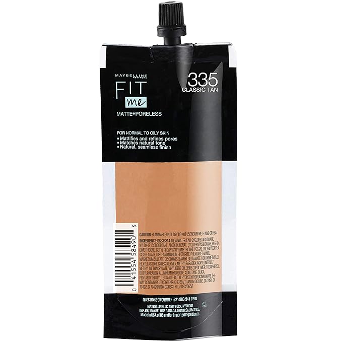 Maybelline New York Fit Me Matte + Poreless Liquid Foundation, Pouch Format, 335 Classic Tan, 1.3 Ounce