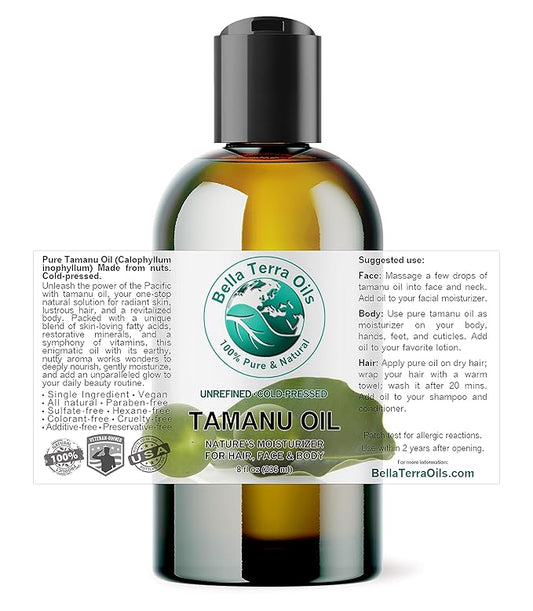 Bella Terra Oils - Organic Tamanu Oil 8 oz - Dive into Nutritional Excellence, Bursting with Palmitic Acid, Elevate Skin Care Regimen, Cold-Pressed Essence