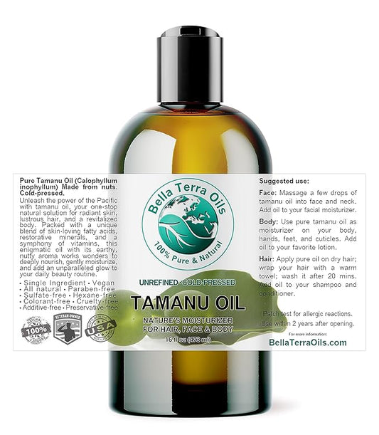 Bella Terra Oils - Organic Tamanu Oil 16 oz - Harness the Power of Nature, Infused with Stearic Acid & Calophyllolide, Perfect Choice for Luxurious Skin Nourishment