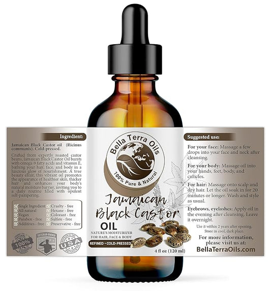 Bella Terra Oils - Black Castor Oil for Face 4oz - A Treasure of Vitamins & Ricinoleic Acid, For Radiant Skin Complexion