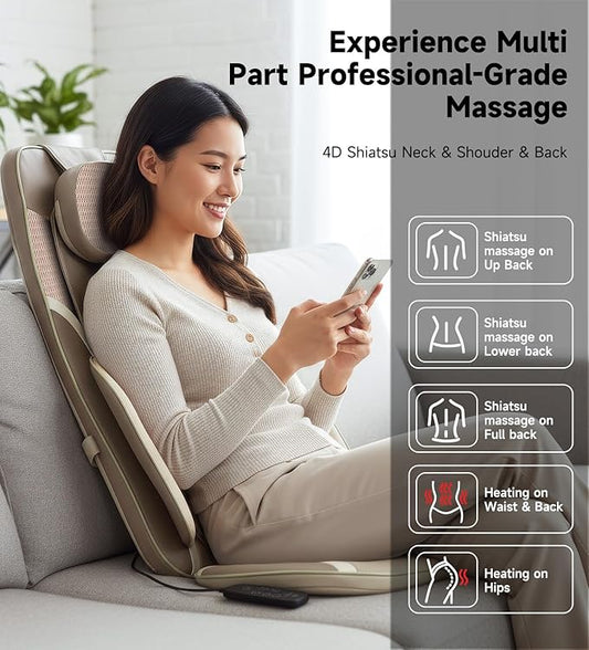 Flekzo Shiatsu Back Massager with Heat – 4D Kneading, Upper/Lower Back & Lumbar Relief, Adjustable Intensity & Warmth, Deep Tissue, Full Back Pain Relief, Office Chair Massager, Home & Office, Brown