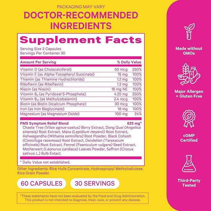 Pink Stork PMS Supplement for Women - Vitex, Ashwagandha, Maca Root & 10 Vitamins & Minerals to Support Hormone Balance, Mood, Bloating, Period Regularity - 60 Capsules