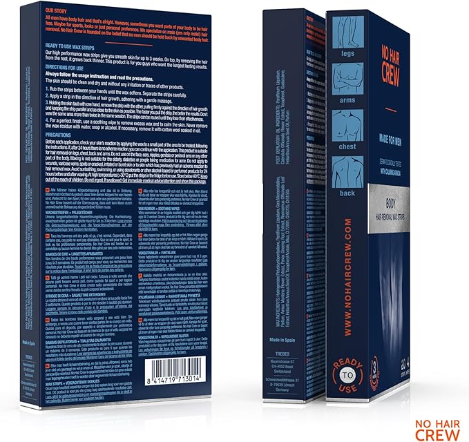 NO HAIR CREW Body Wax Strips – High Performance Wax Strips Made for Men, 20 strips & 4 soothing cleansing wipes