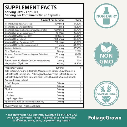 Hair Growth Supplements,Visibly Thicker Hair,Hair Growth Vitamins for Women and Men - 2 Month Supply(120 Capsules), White