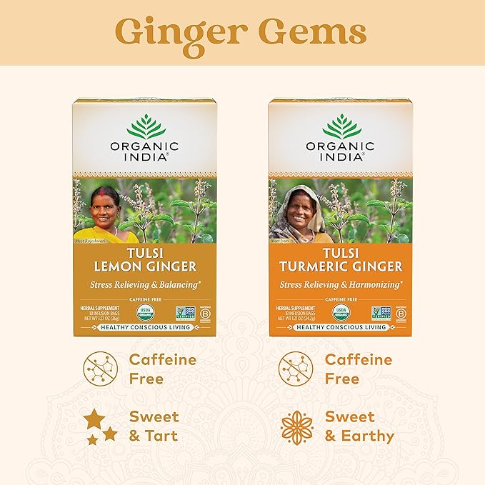 ORGANIC INDIA Tulsi Lemon Ginger Tea Bags - Herbal Tea, Stress Relieving & Reviving, Immune Support, Aids Digestion, Vegan, USDA Certified Organic, Non-GMO, Caffeine-Free - 18 Infusion Bags, 3 Pack