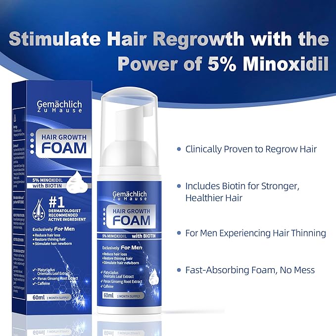 5% Minoxidil Foam for Men Hair Growth - Hair Regrowth Serum Treatment with Biotin, Caffeine, Rosemary Extract - Hair Loss Solution for Helps Prevent Thinning, Thickening Fuller Hair, Non-Greasy - 60ml