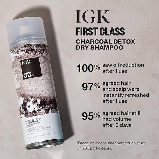 IGK First Class Charcoal Detox Dry Shampoo | Deep Cleansing, Oil & Odor Absorbing | Adds Volume & Texture | For All Hair Types | 6.3 oz (Pack of 2)