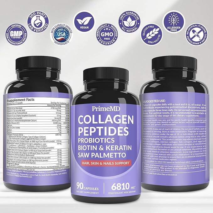 27-in-1 Hair Skin and Nails Vitamins (6810mg) with Biotin 10000mcg - Collagen Supplements for Men and Women - Keratin Supplements with Probiotics and Saw Palmetto, 90ct