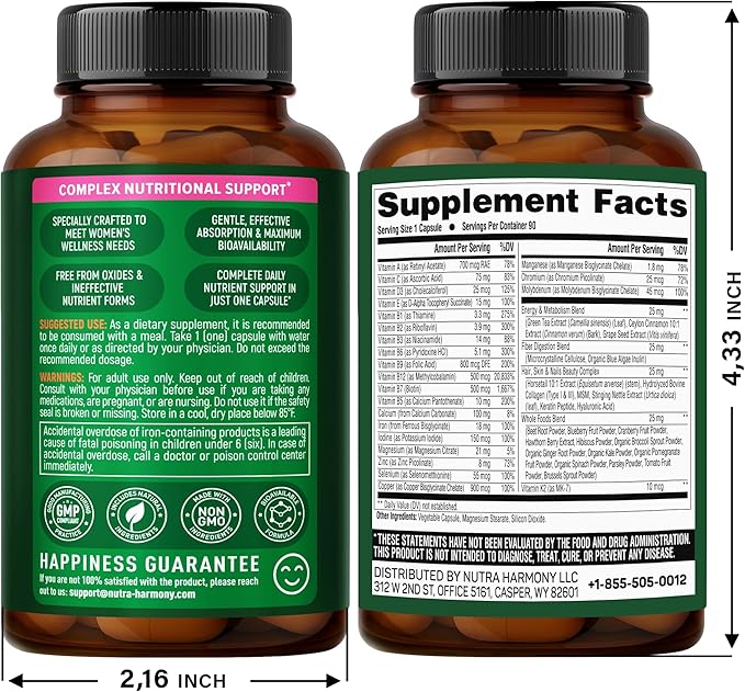 Multivitamin for Women - B-Complex | Whole Foods | Hair Growth Support | Digestion & Metabolism | Iron - 47in1 Womens Multivitamin - Bioavailable & Gentle on Stomach - Made in USA - 90 Capsules
