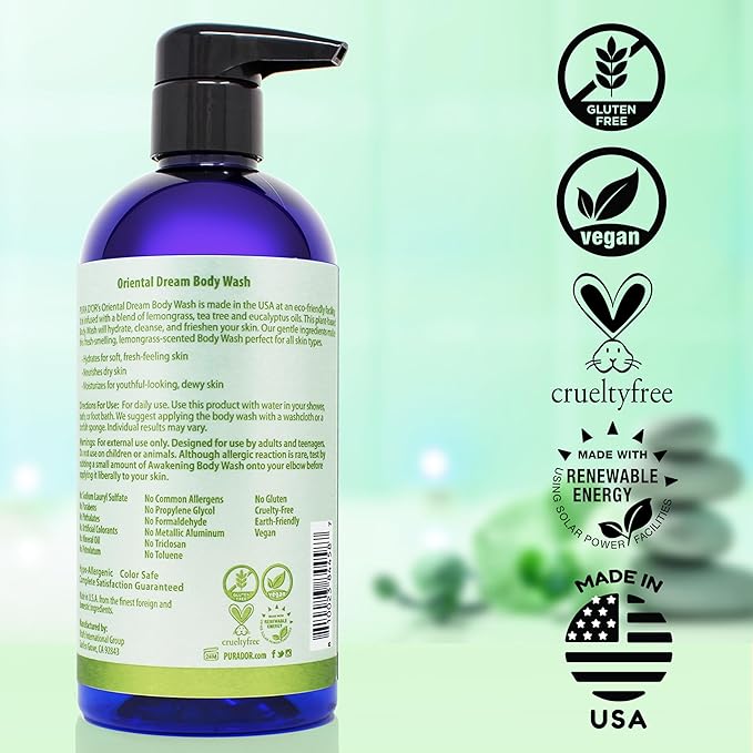 PURA D'OR 16 Oz Oriental Dream Body Wash – Invigorating Lemongrass Scent – Aloe Vera Based, Infused with Tea Tree & Eucalyptus Oils – pH Balanced, Sulfate-Free, Hypoallergenic, Vegan – For Men & Women