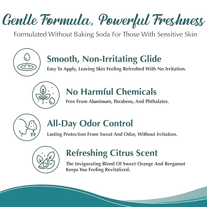 Sensitive Skin Natural Deodorant | Aluminum & Baking Soda Free | Men and Women | Fresh & Clean | All Day Dryness | Reduces Sweat and Odor (Sweet Orange & Bergamot) - 3 oz