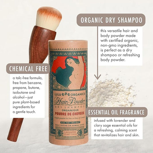 Non-Aerosol Dry Shampoo Powder with Hair Brush for Dark, Blonde and Oily Hair, All Natural Organic Body Powder, Paraben & Talc free No White Cast Synthetic Fragrance, Lavender & Clary Sage - 4oz