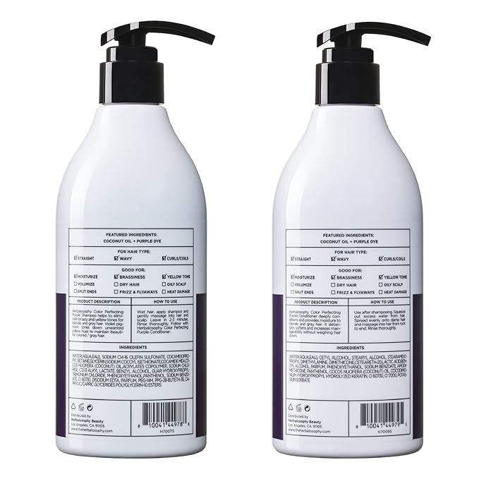 Purple Shampoo & Conditioner Set for Blonde Gray Hair, Eliminates Brassy and Yellow Tones, Infused with Cocos Nucifera Oil, Free of Sulfate, Parabens and Gluten, 2 x 16.9 Fl Oz