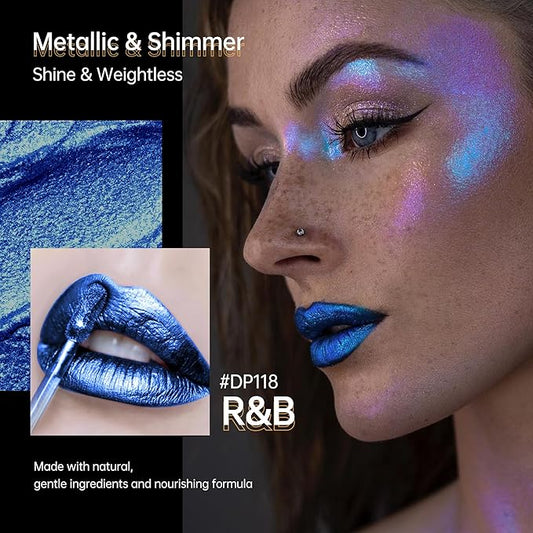 Blue Lipsticks for Women Metallic Lipstick Long Lasting Non Stick Cup Lip Gloss, Shimmer Lightweight Hydrating Full Coverage Lip Color, DP118 R&B