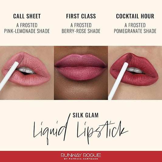 Runway Rogue Silk Glam Liquid Lipstick Lip Trio, Long Wear Frosted Liquid Lipstick Pack, (‘Call Sheet’, ‘Cocktail Hour’, ‘First Class’)