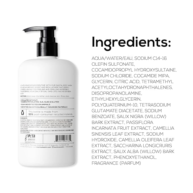 MARLOWE. No. 103 Body Wash 15 oz Pump, Santal, Energizing & Refreshing Shower Gel, Willow Bark & Green Tea Extracts, Cleanses, Moisturizes, Smooths & Nourishes, Warm Amber, Spice & Citron Scent