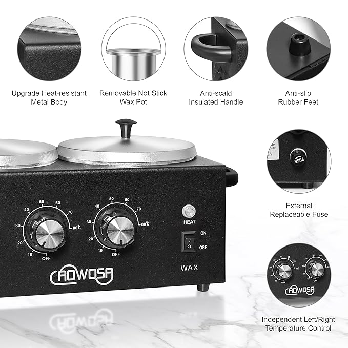 Professional Hair Removal Kit - Wax Warmer Machine with Double Pot, Large Capacity for Spa Salon and Home Use, Non-Stick Easy Clean Pots, 50 Sticks & 20 Collars (Black)