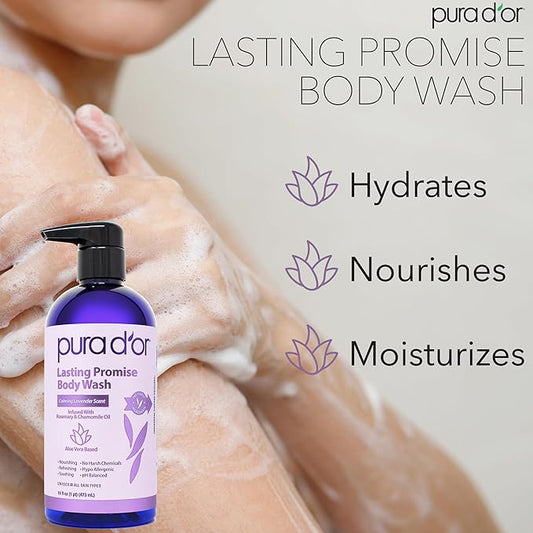 PURA D'OR 16 Oz Lasting Promise Body Wash – Calming Lavender Scent – Aloe Vera Based, Infused with Rosemary & Chamomile Oil – pH Balanced, Sulfate-Free, Hypoallergenic, Vegan – For Men & Women