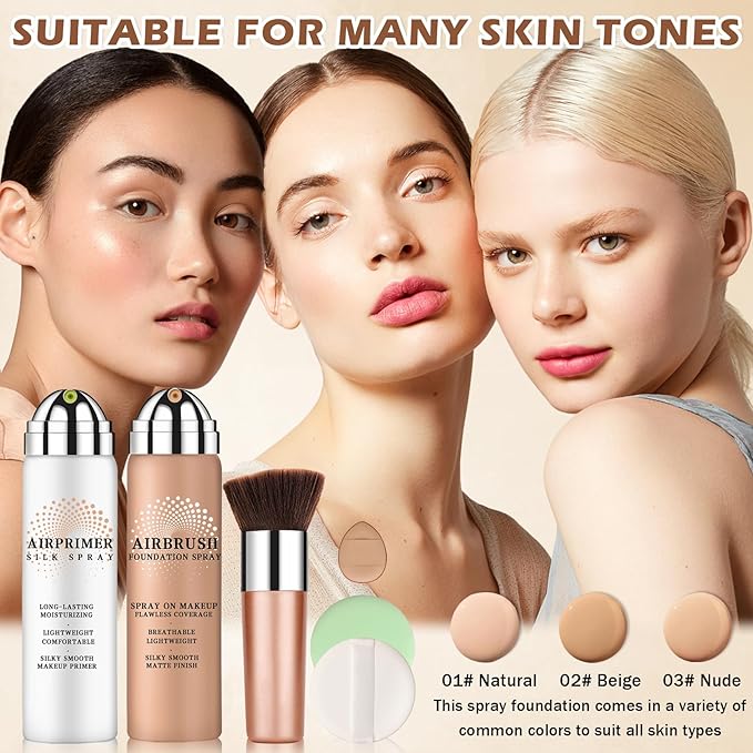 Airbrush Foundation Makeup with Primer,Breathable Blendable Foundation Full Coverage with Anti-aging Ingredients for Smooth Radiant Skin (01 Natural)
