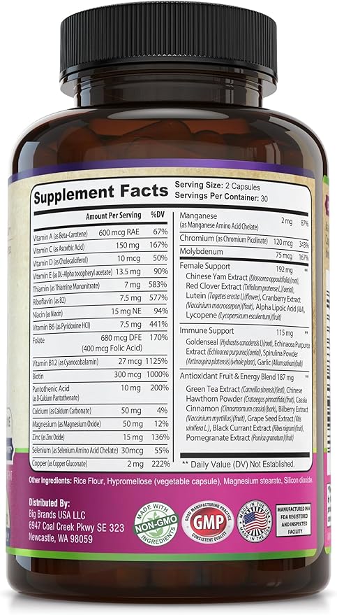 Womens Daily Multivitamin Multimineral Supplement for Energy, Mood, Focus, Hair, Skin & Nails. Made for Women with 30+ Nutrients, Fruit & Energy Blend. Womens Vitamins 60 Capsules. Made in the USA.