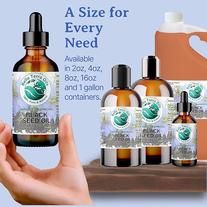 Bella Terra Oils - Black Seed Oil 4 oz - Harness the Power of Nigella Sativa, Abundant in Thymoquinone & Essential Fatty Acids, A Luxurious Addition to Your Beauty Routine