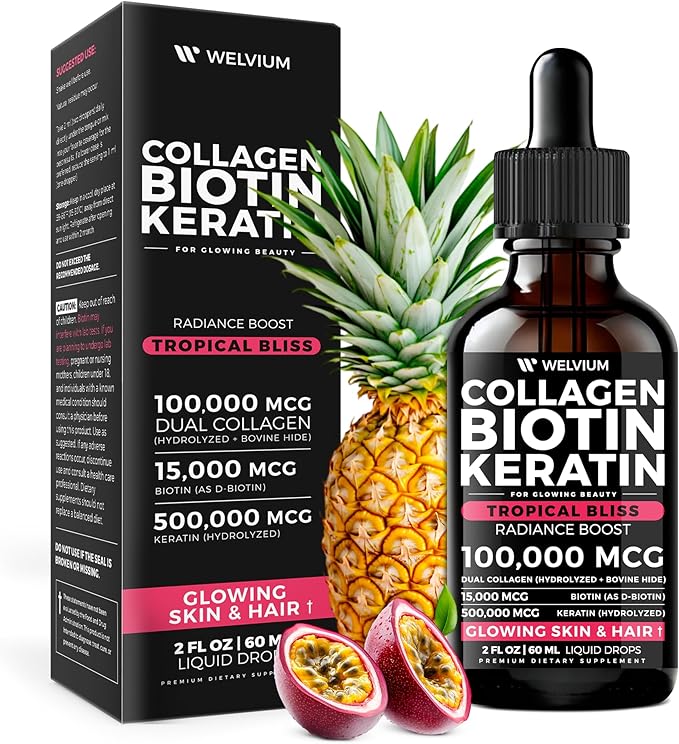 Liquid Biotin and Collagen Peptide Complex with Keratin, Hyaluronic Acid, MCT Oil, Zinc, Vitamins B6, B7, B12, A, C, D3, E - Hair Growth, Skin, and Stronger Nails Supplement for Women and Men