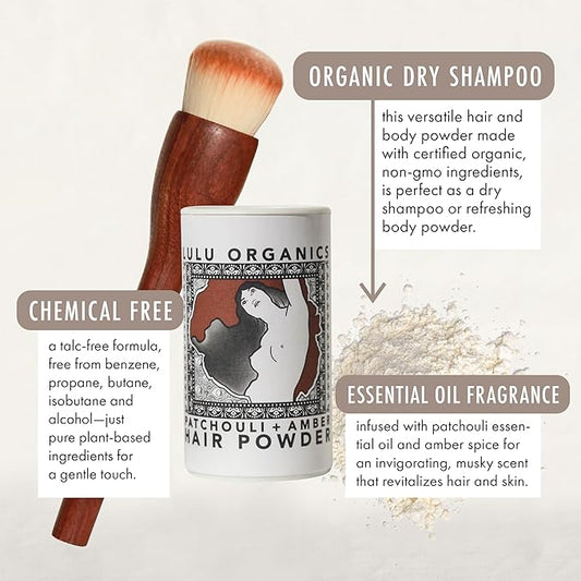 Dry Shampoo Powder for Dark, Blonde and Oily Hair, All Natural Body Powder for Women and Men, Paraben & Talc free No White Cast Synthetic Fragrance, Travel Size, Patchouli and Amber -1oz