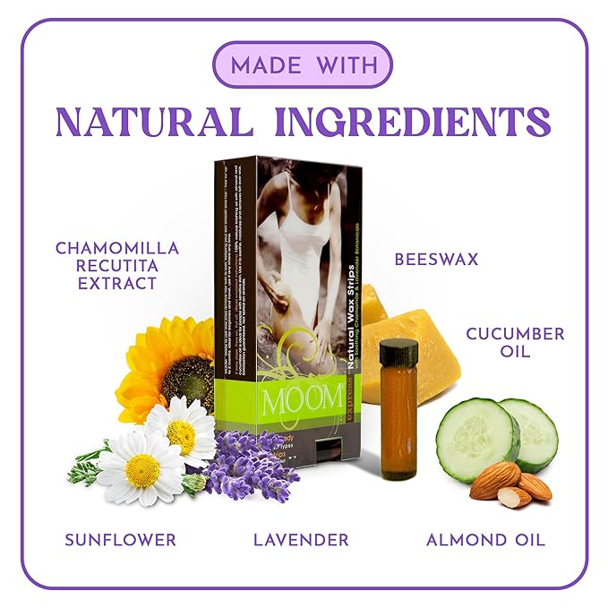 MOOM Express Wax Strips with Chamomile & Lavender, Hair Removal Kit with Finishing Oil – Legs, Bikini, Face & Body, 10 Double-Sided Strips (1 Pack), 20 Count