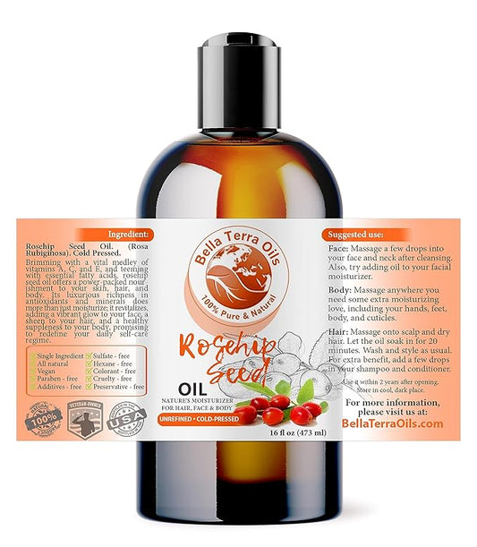 Bella Terra Oils Organic Rosehip Oil for Face, Pure Cold-Pressed Rose Hip Seed Oil for Skin & Hair, Natural Moisturizer & Anti-Aging Facial Oil 16oz