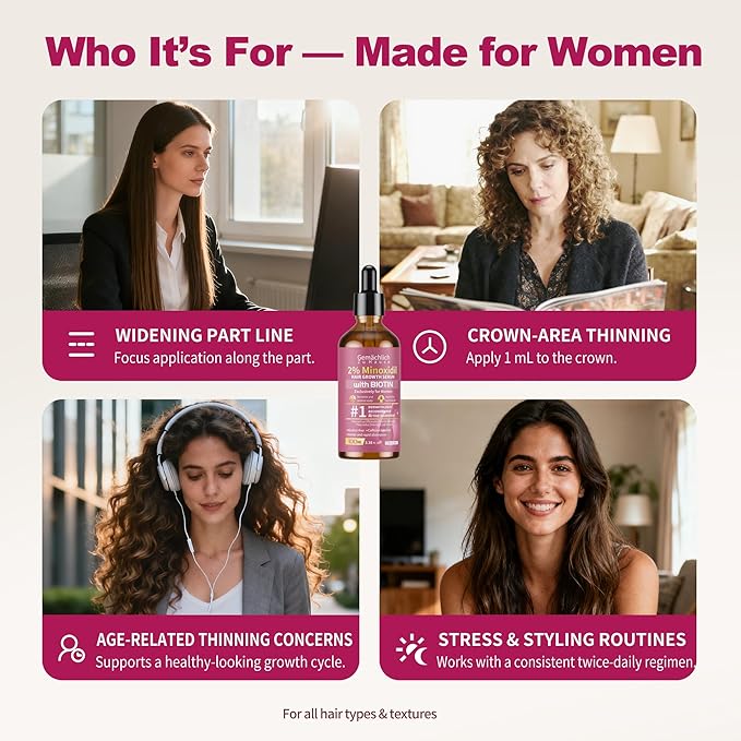 Minoxidil Hair Growth Serum, 2% Minoxidil for Women Topical Solution, Advanced Hair Regrowth Treatment for Thinning Hair Loss, Thicker Fuller Hair, with Biotin Rosemary Caffeine Jojoba Ginseng, 100mL