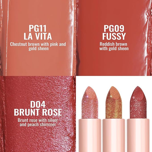 Oulac Moisture Shine Lipstick Set 3PCS - Infinity High Shine Finish, Hydrating Vegan Lipstick Infused with Damask Rose Oil for All-Day Comfort, Gluten-Free, PG11+PG09+D04