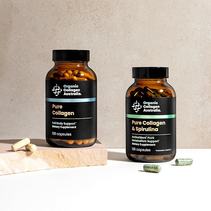 Organic Collagen Australia Pure Collagen & Spirulina Capsules – Antioxidant-Rich Supplement for Skin Elasticity, Joint Health, Metabolism Support & Energy (120 Capsules)