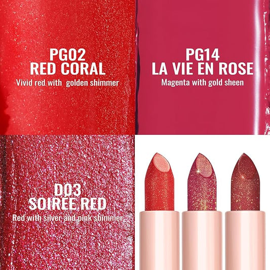 Oulac Moisture Red Lipstick Set 3PCS - Infinity High Shine Finish, Hydrating Vegan Lipstick Infused with Damask Rose Oil for All-Day Comfort, Gluten-Free, PG02+PG14+D03